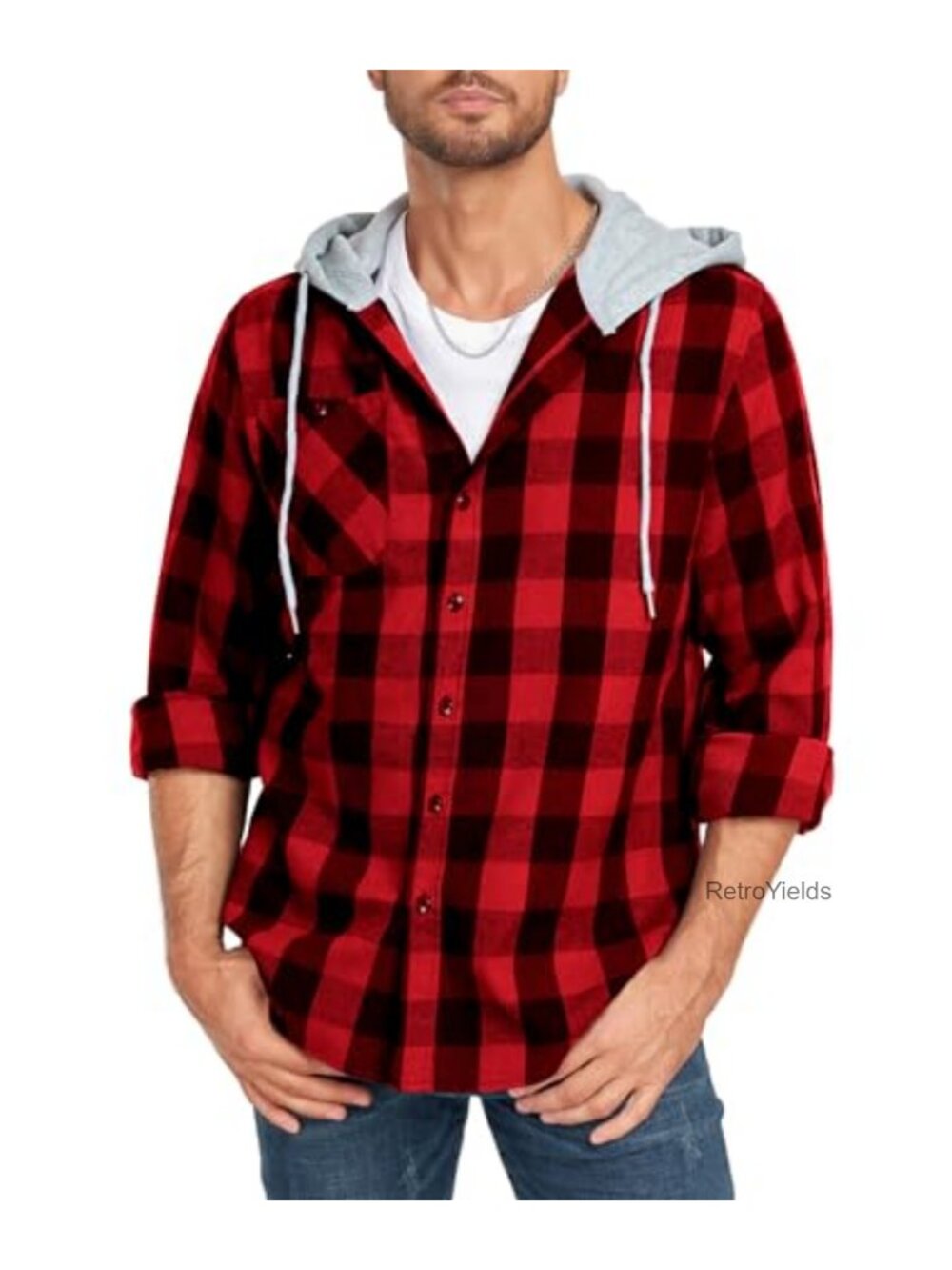 Men's Hooded Flannel Shacket with Pocket Long Sleeve Casual Button Down